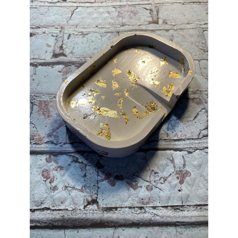 Handmade Soap Dish Cement Soap Holder Bathroom Kitchen Self Draining Gold Flake